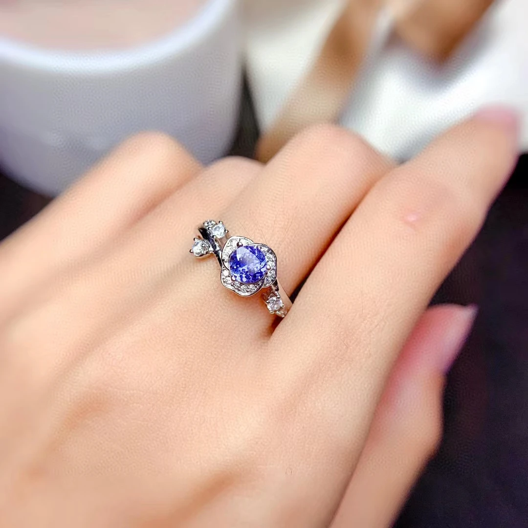 

Silver Rose Ring with Gemstone 5mm Natural Tanzanite Ring Solid 925 Silver Tanzanite Jewelry