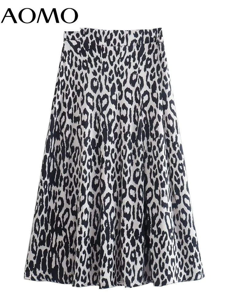 

AOMO 2022 New Women Leopard Midi Skirt Vintage Side Zipper Ladies Chic Mid Calf Skirts 4M253A