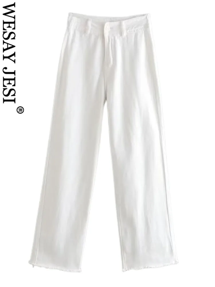 

WESAY JESI TRAF Women New Fashion White Straight High Waist Denim Vintage Side Pocket Zipper Fly Female Streetwear Trousers