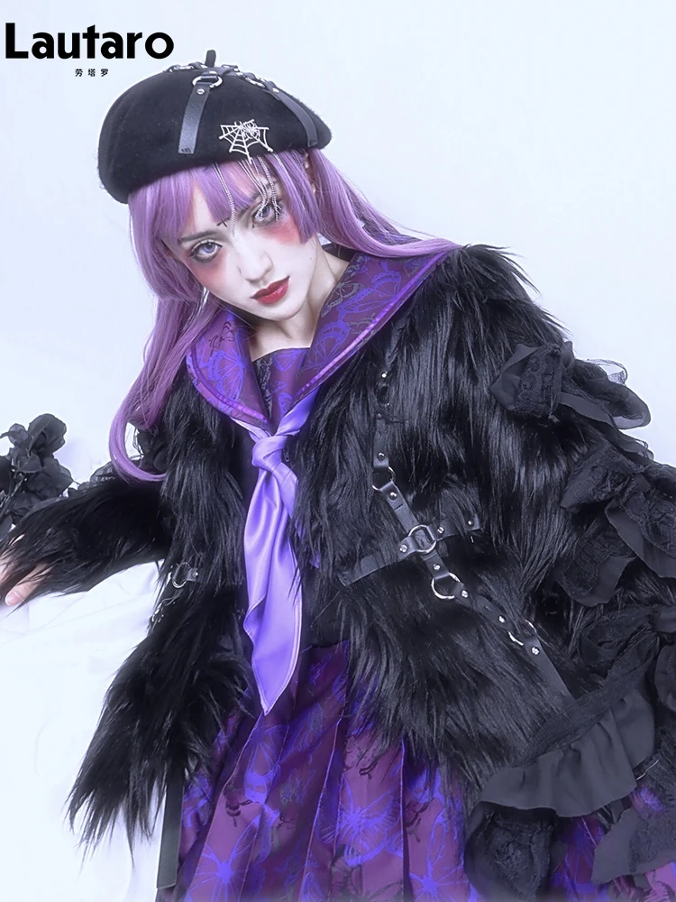 

Lautaro Winter Black Warm Shaggy Hairy Faux Fur Coat Goth Clothing for Women Designer Aesthetic Vintage Dark Academia Fashion