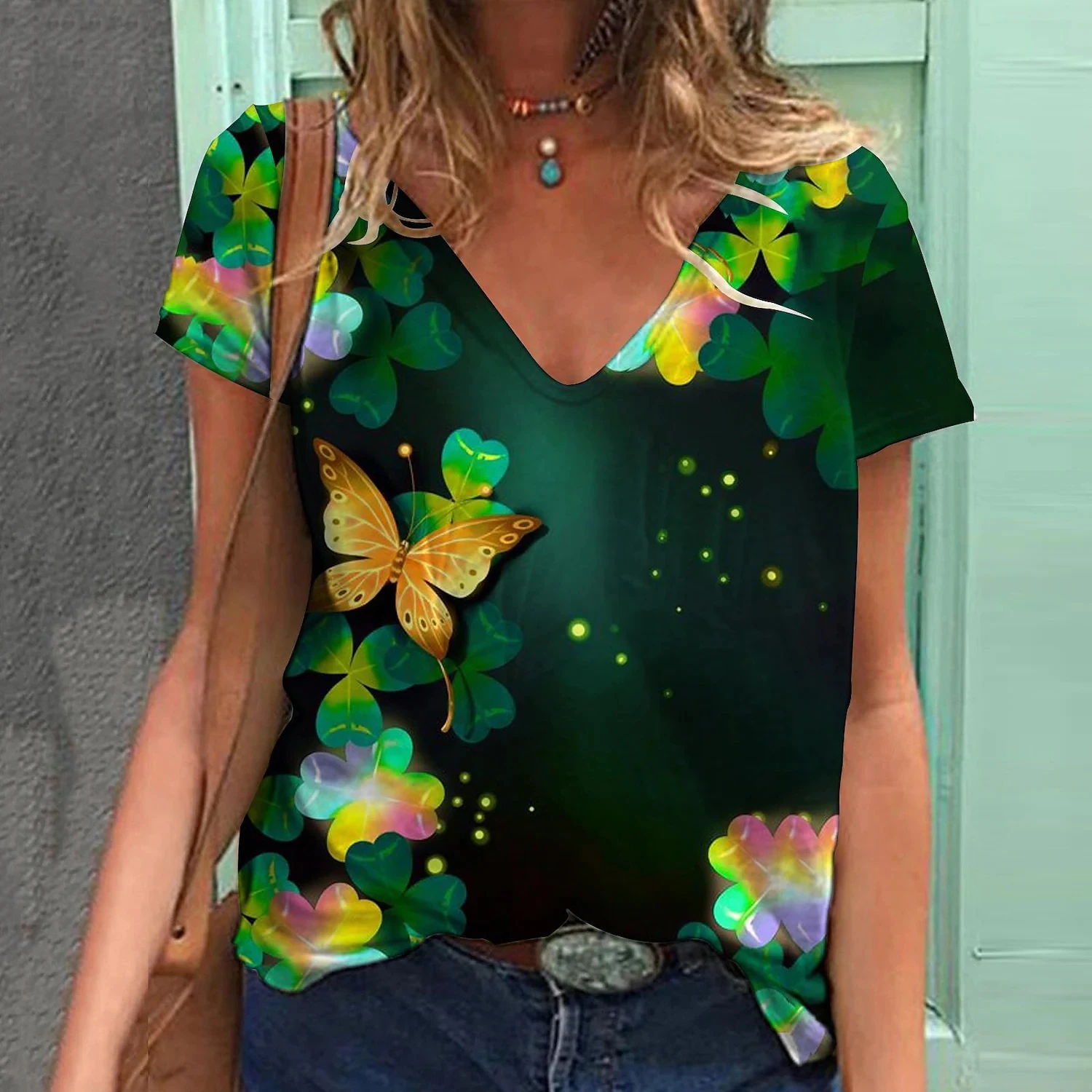 

2023 Summer New European and American Women's Clothing Cross border Green Four Leaf Grass 3D Printing V-neck Short Sleeve T-shir