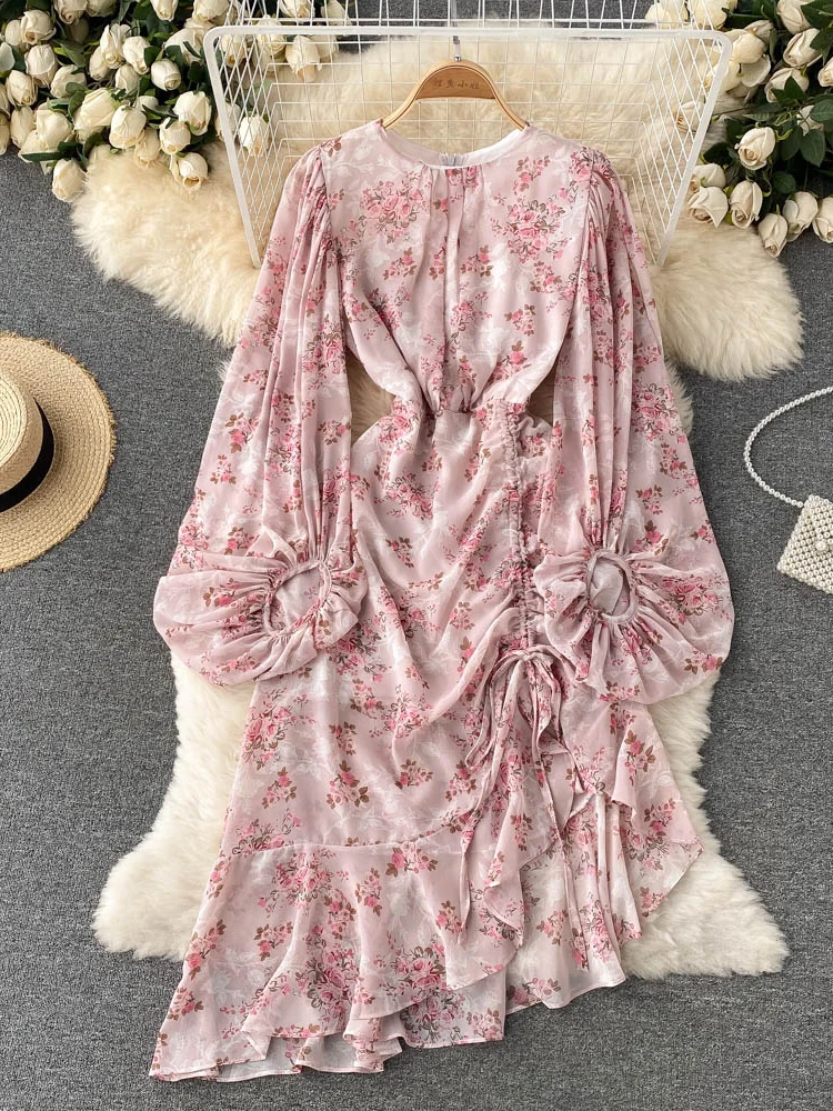 

Женское асимметричное платье на шнуровке, Осеннее богемное платье с цветочным принтом, элегантное платье с круглым вырезом и пышными рукав...