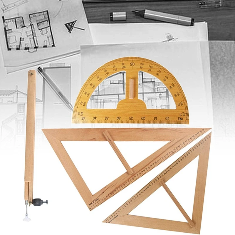 Wood Maths Geometry Set,Compass, Triangle Ruler Stationery For Teachers Draftsman Chalkboard Engineers Drafting images - 6