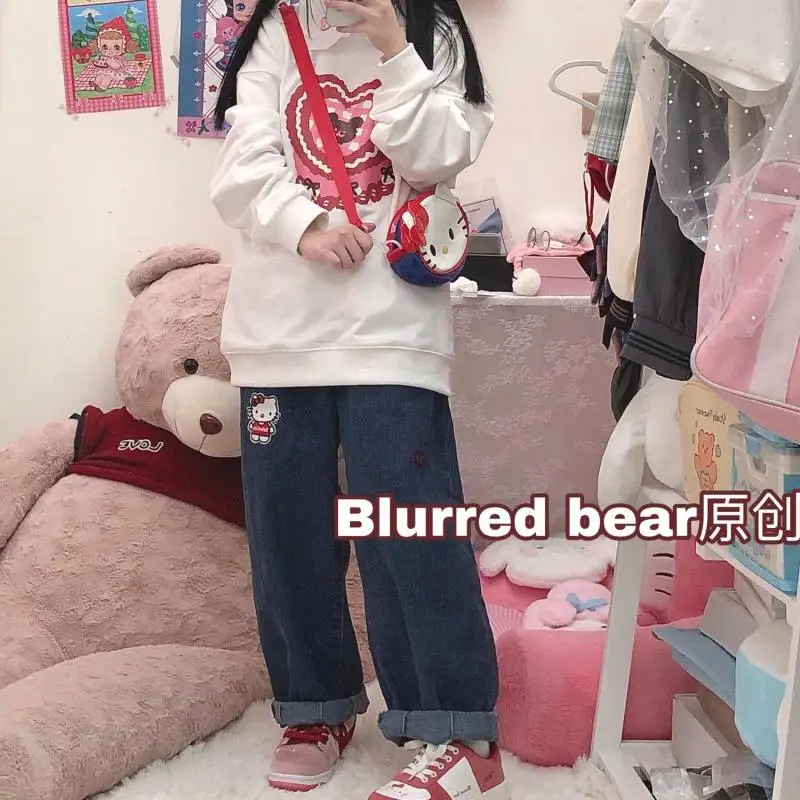 

Милые джинсы Sanrio Hello Kitty, прямые штаны с высокой талией, тонкие свободные и удобные штаны для девушек, рождественский подарок для девушки