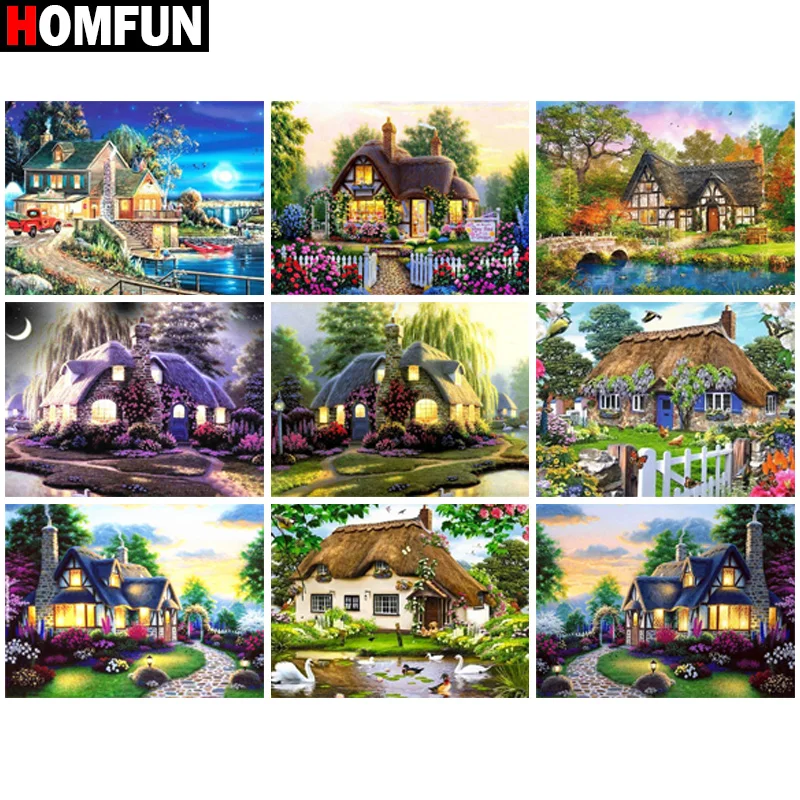 

Картина HOMFUN с алмазной вышивкой, «живописные дома, цветы», алмазная живопись, полный квадратный фотографический Декор