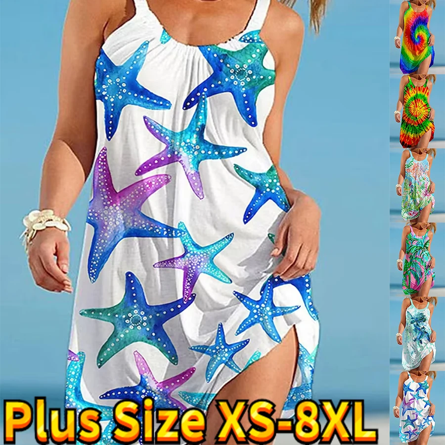 

2023 Print Sundress Women's Round Neck Dress Summer Sexy Slim Skirt Everyday Vintage Sleeveless Skirt Knee-length Skirt XS-8XL