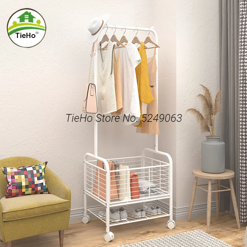 Clothes Rack Floor Standing Clothes Hanging Storage Shelf Clothes Hanger Racks With Wheels Simple Style Bedroom Furniture