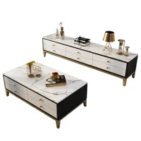 Nordic elegant style metal marble top coffee table TV cabinet with convenient drawers organizer for living room