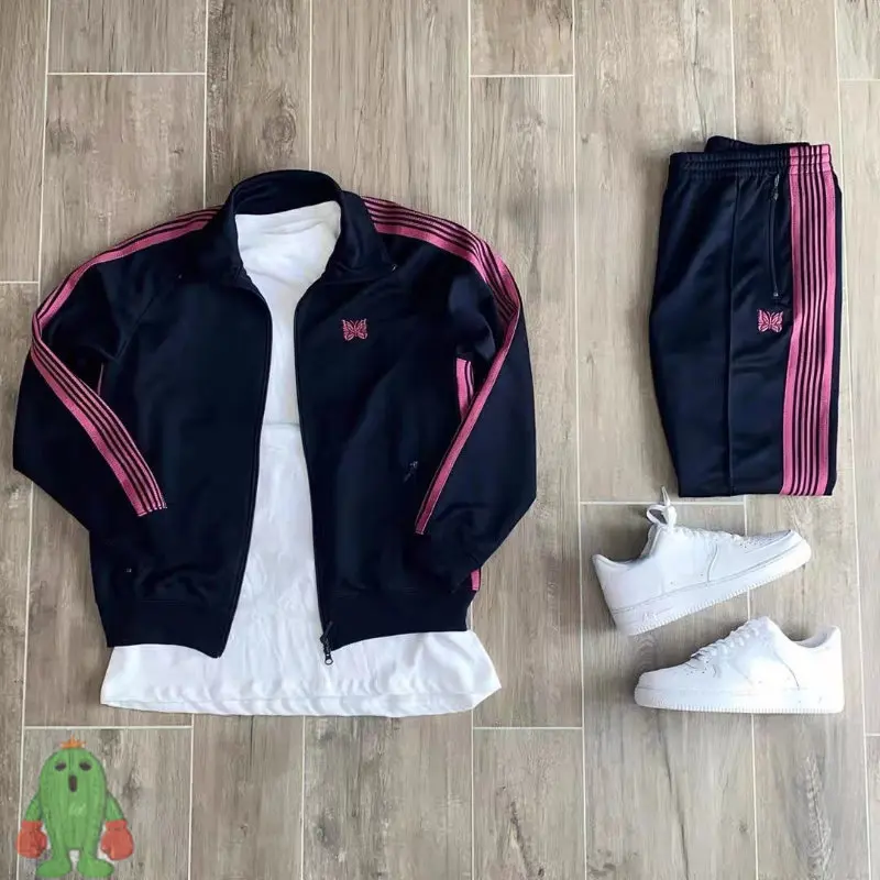 

Needles Jacket Pants Embroidered Butterfly AWGE Men Women Side Webbing Striped Zip Jacket Set