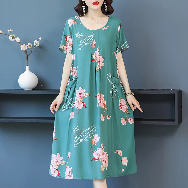 

Bohemian Summer Woman Dress with Big Pockets Vintage Short Sleeve Floral Print Sundress Female Loose Casual Harajuku Dresses