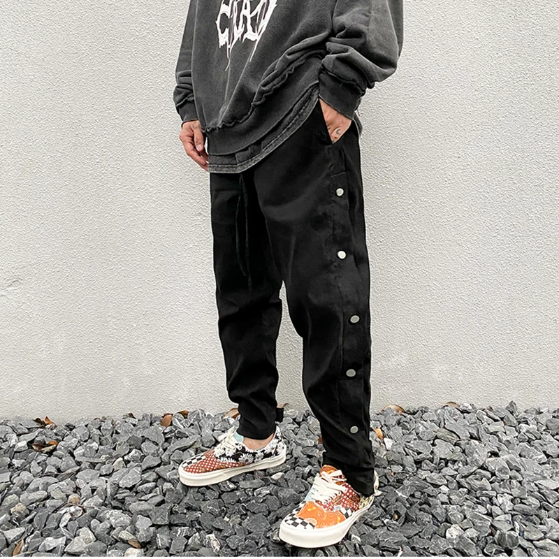 

Suede Side Button Baggy Pants Mens High Street Drawstring Straight Loose Casual Trousers Oversize Solid Harajuku Men Track Pants