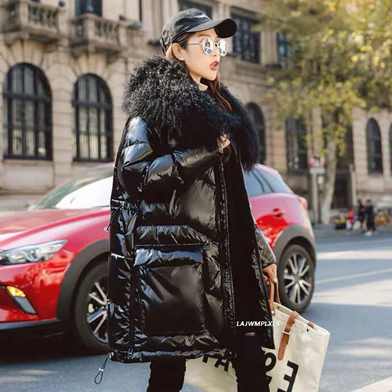 

Jacket 2023 Winter Women 90% White Duck Down Parkas Patent Leather Glossy Outwear Real Lamb Fur Collar Thick Coat Y192