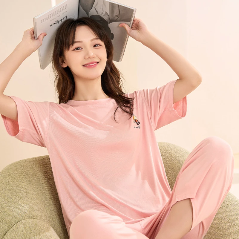 Pajamas Women's New Summer Loose Round Neck Can Be Worn Outside Short-sleeved Pajamas Casual Suit Breathable and Soft Loungewear