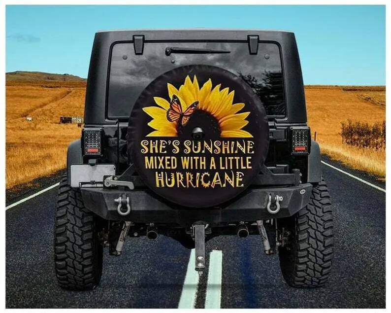 

Sunflower, Butterfly, Spare Tire Cover, She's Sunshine Mixed With A Little Hurricane, Car Decor