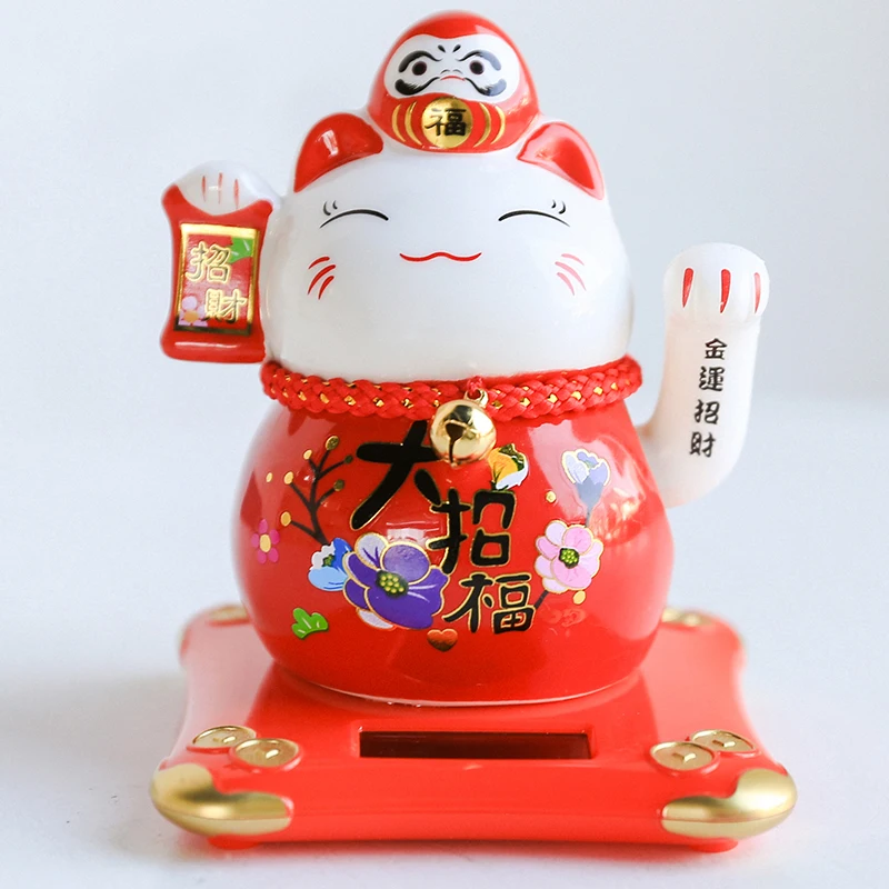 

4.2 inch Solar Powered Ceramic Lucky Cat Daruma Figurine Shaking Arm Beckoning Fortune Cat Home Car Decor Wealth
