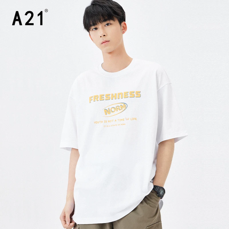 

A21 Men's Simple Fashion Letter Printing 100% Cotton Casual T-shirt Summer New Oversized O-neck Short Sleeves Tees for Male Tops