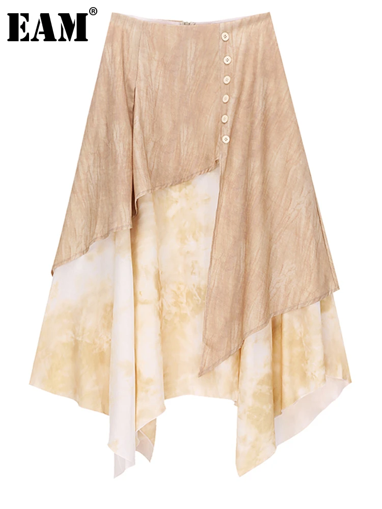 

[EAM] High Waist Yellow Irregular Tie Dye Long Casual Half-body Skirt Women Fashion Tide New Spring Autumn 2022 1DE6973