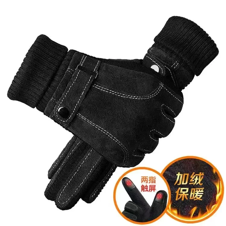 

2022 leather gloves for men riding in winter, plush, thick touch screen, warm leather, windproof and anti-skid motorcycle riding