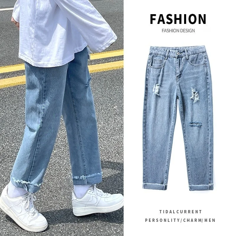 Summer Blue/Black Ripped Jeans Men Slim Fashion Casual Straight Jeans Men Streetwear Hole Denim Trousers Mens Pants 27-36
