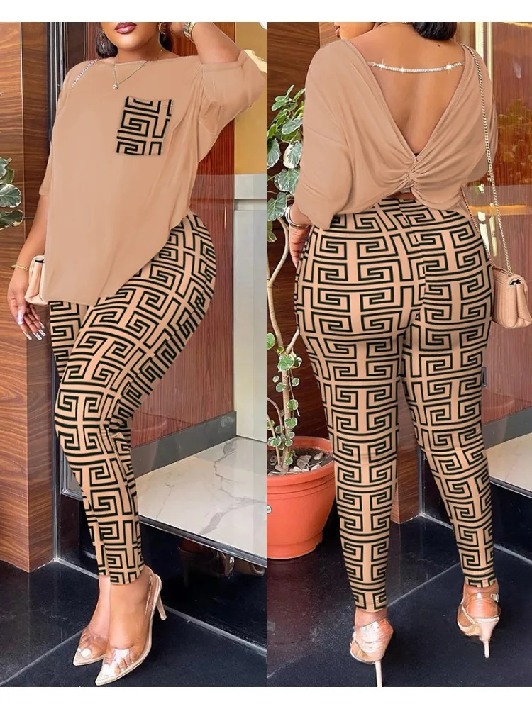 

Autumn Sets Outifits 2023 New Tie-dye Print Twisted Backless Top & Pants Set of Two Fashion Casual Pieces for Women Female