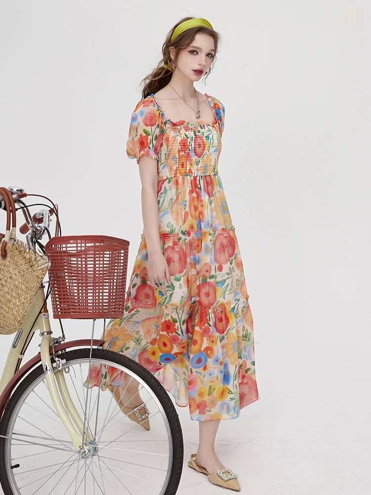 [Весенняя юбка с цветочным принтом для отпуска] Женское платье деревянными