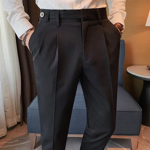 Мужские повседневные классические брюки с высокой талией, дизайнерские облегающие брюки с поясом для официальных встреч, офиса, вечеринки, Костюмные брюки 29-36, 2023