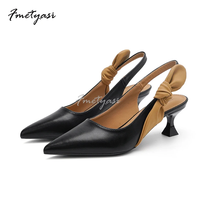 Woman Heels Pointed Toe Luxury Medium-Heeled Korean Style Sandals 2023 Summer Trend Breathable Comfortable Leather Shoe