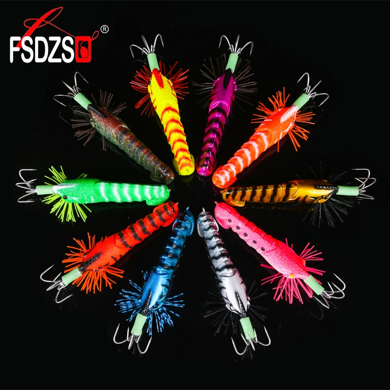 Luminous Bait Squid Hook Wood Shrimp Lures Soft foot Jigs Lifelike Simulation Silicone Octopus Bait Fishing Tackle with sound