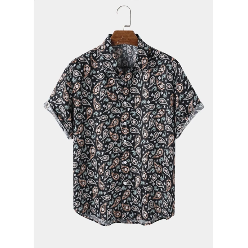 Summer Hawaiian Shirt Top Men Loose Striped Plaid Print Shirt Men Short Sleeve Single-Breasted Turn-down Collar Irregular Shirt