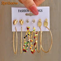 6 pairsset boho colorful beaded hoop earrings large hyperbole metal ear hoops pineapple rhinestone stud earing new 2022 jewelry