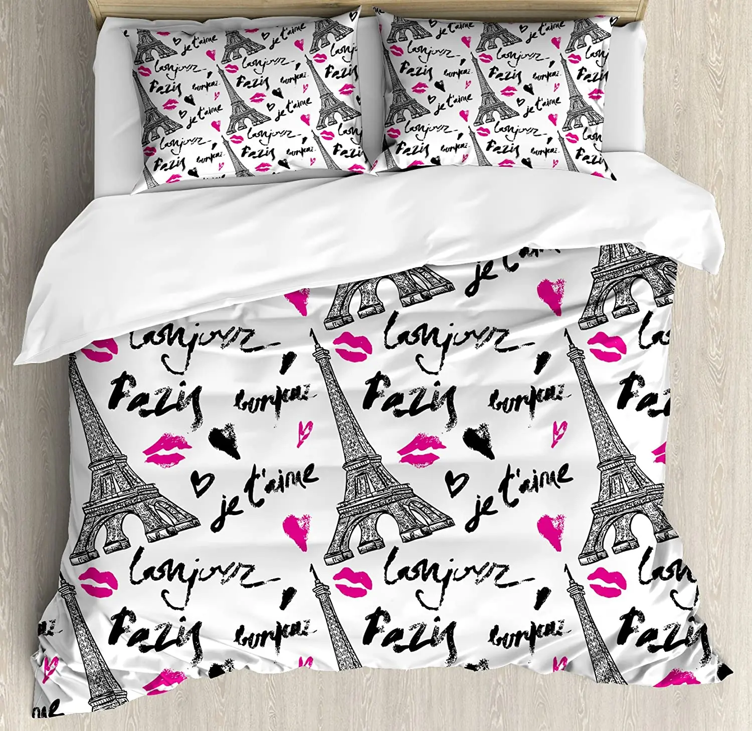 

Paris Bedding Set Comforter Duvet Cover Pillow Shams Eiffel Tower with Lipstick Valentine's Heart Q Bedding Cover Double Bed Set