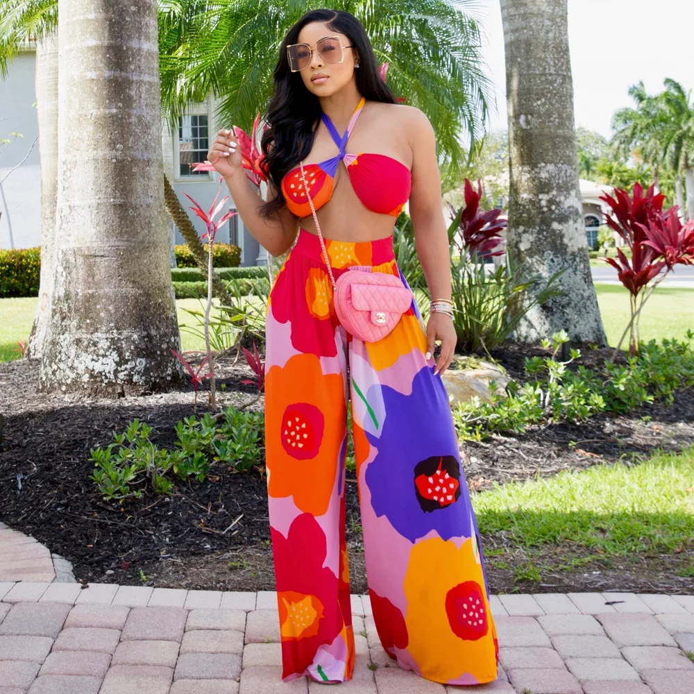 

Two Piece Sets Design Flowers Printed Sense Topsexy Tube Top Backless Suit Wide Leg Pants Beach Vacation Casual Suit Summer 2022