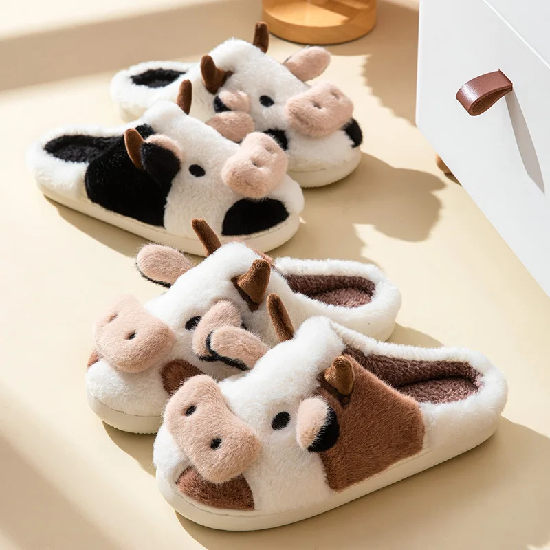 2022 Winter Anti-Skid Cotton Slippers Women Design Animal Funny Warm Plush Ladies' Slides Indoor Cartoon Cute Dairy Cattle Shoes