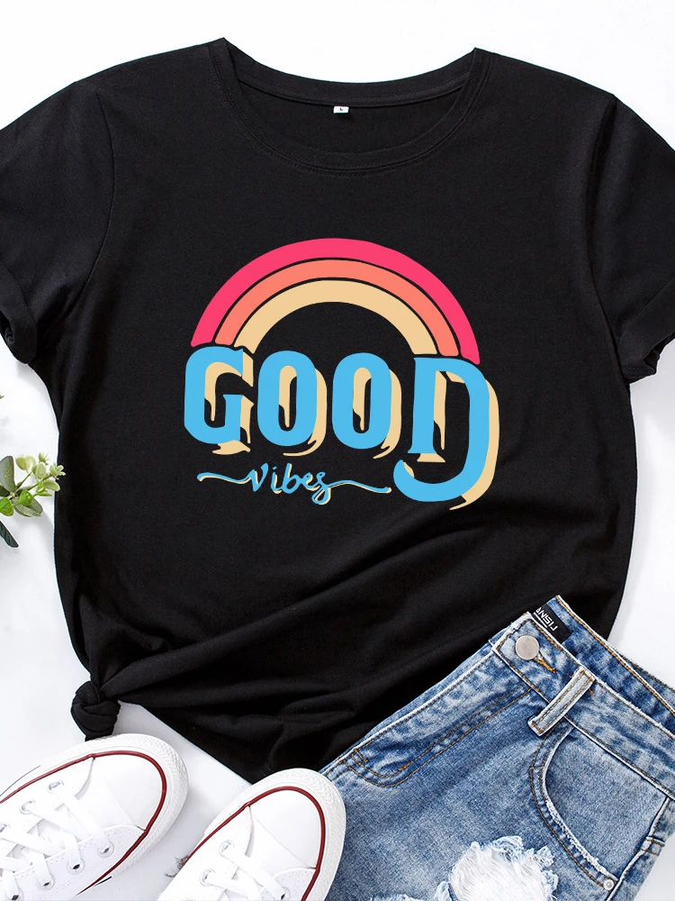 Good Vibes Rainbow Print T Shirt Women Short Sleeve O Neck Loose Tshirt Summer Women Causal Tee Shirt Tops Camisetas Mujer
