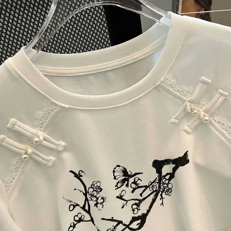 Кроп-топ женский в китайском стиле с цветочным принтом базовая свободная