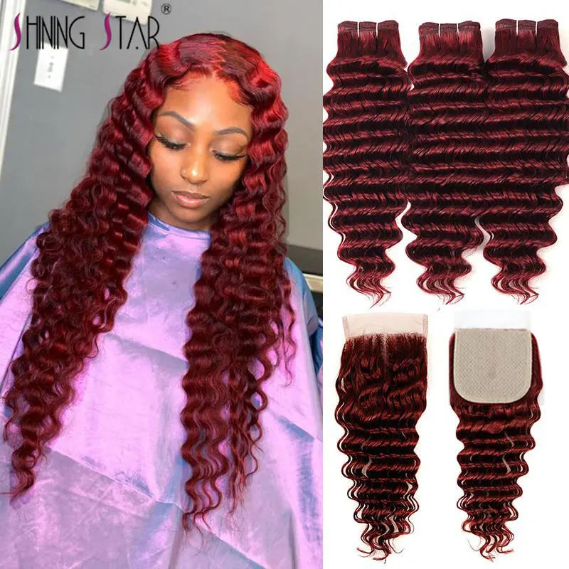 

Бордовые волнистые человеческие волосы, пряди с закрытием, ярко-красные 99J пряди с кружевной застежкой, перуанские блестящие Человеческие в...