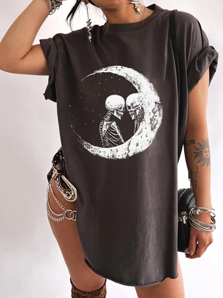 

Funny Couple Skeleton Skulls Print Women T-shirts Short Sleeve Summer Graphic T Shirts Harajuku Drop Shoulder Vintage Tees Tops