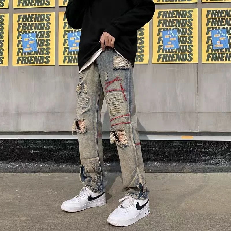 Blue Hole Embroidered Jeans Men Fashion Casual Straight Jeans Men Streetwear Loose Hip Hop Ripped Denim Pants Mens Trousers