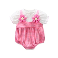 newborn kids bodysuits cotton summer plaid princess girls clothing cute with two flowers 0 2y