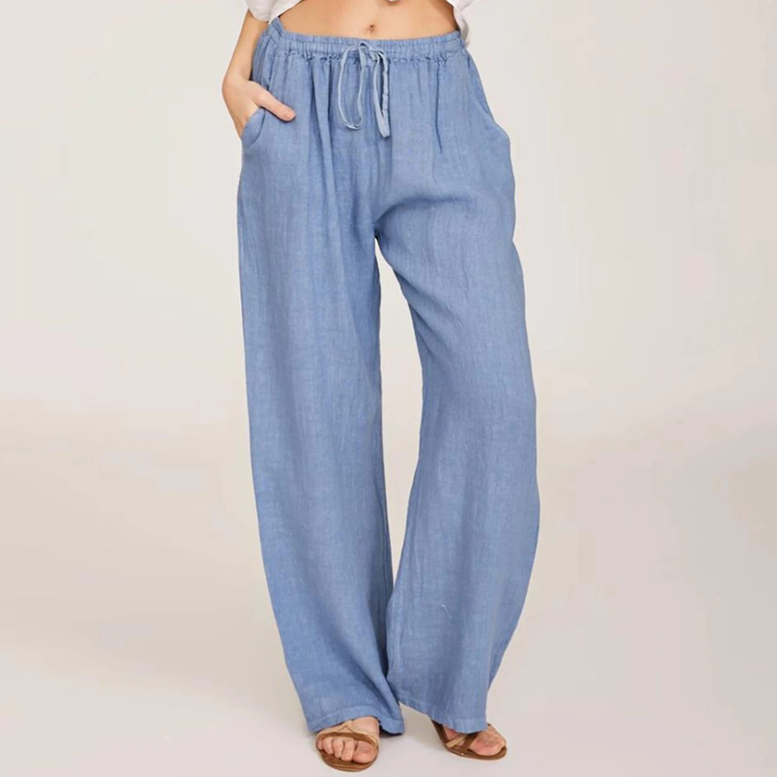 

Linen Cotton Women Long Pants Simple Classic Solid Color Pants Loose Tie Up Pant Female Bohemian High Waist Trousers 2023 Summer