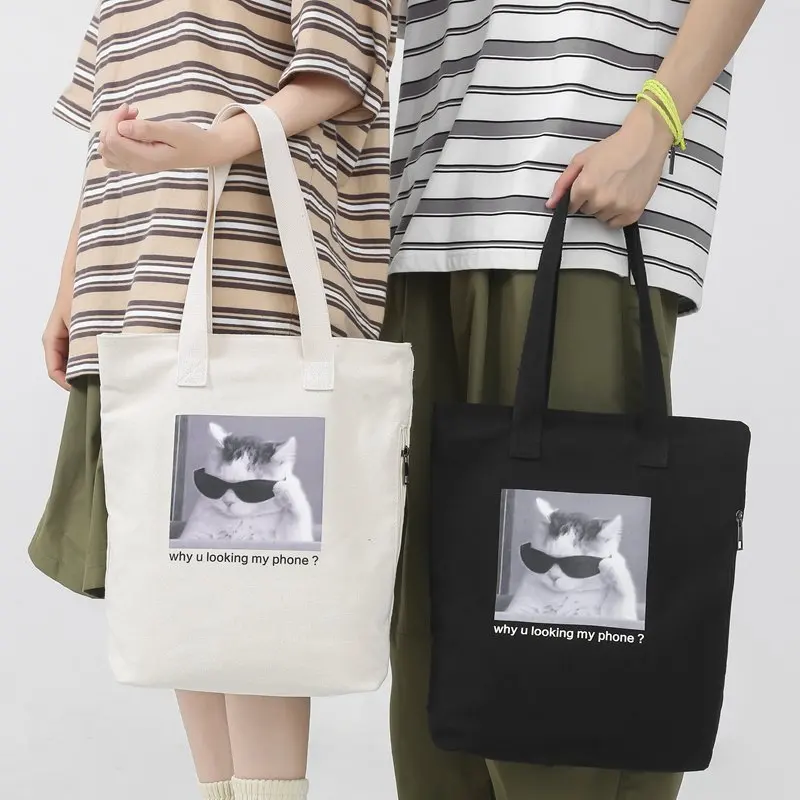 

Canvas Cotton Tote Eco Shopper Bags 2022 Women Reusable Phone Zipper Pocket Cat Slogan Cool Street Style School Collage Beach
