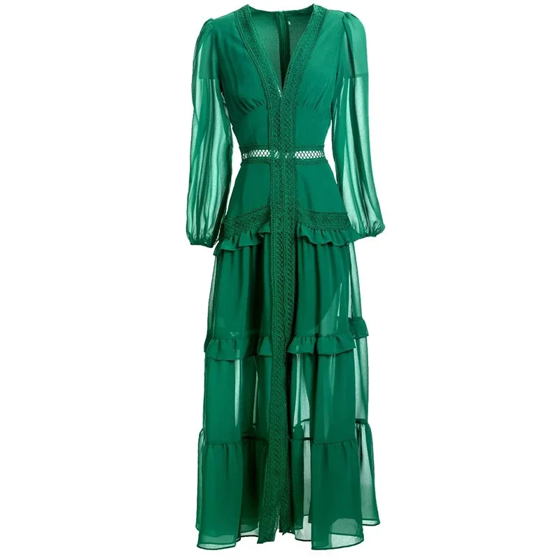 Fashion Designer Autumn Women V-Neck Lantern Sleeve Ruffles Hollow Out Solid Green Long Dresses
