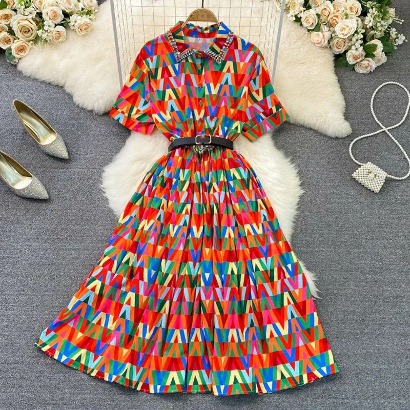 

Dresses For Women 2022 Summer Geometric Plaid Print Elegant Short Sleeve Party Large Swing Dresses Female Lapel Rhinestones Robe