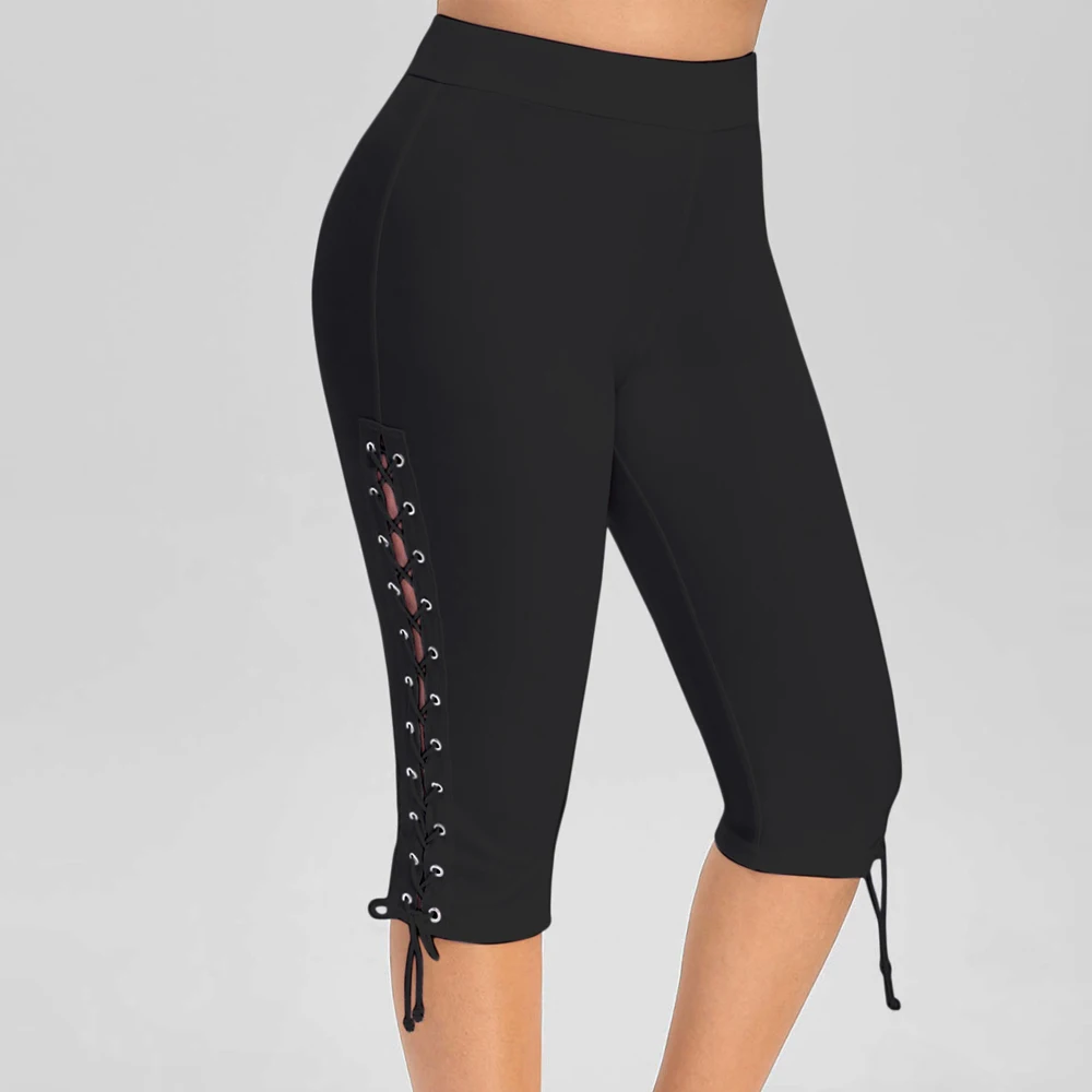 

Dressfo High Waist Push Up Fitness Leggings Crop Wide Waistband Plus Size Eyelet Lace Up Cropped Women Training Leggings