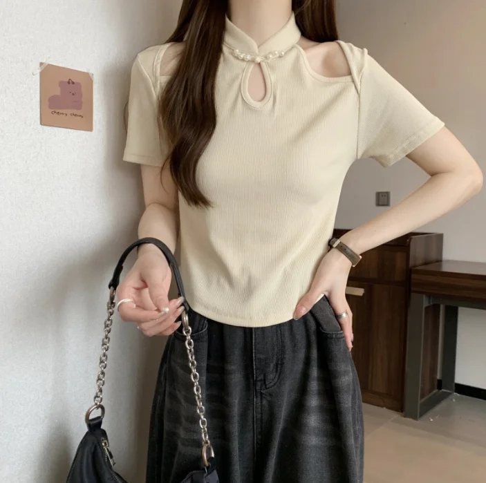 

Summer French Vintage Top Short Sleeve T-shirt Female