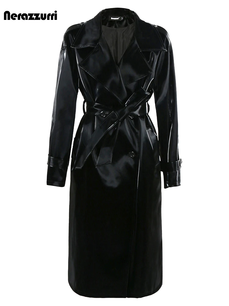 

Nerazzurri Autumn Cool Long Black Shiny Waterproof Patent Pu Leather Trench Coat for Women Handsome Luxury Designer Clothes 2023