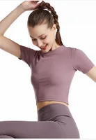 Spring Summer JM Yoga Short Sleeve Crop Top Nylon Spandex Breathable Backless Tank Top