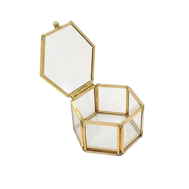Hexagon Transparent Glass Ring Box Wedding Ring Box Geometric Clear Glass Jewelry Box Jewelry Organizer Holder Tabletop Containe