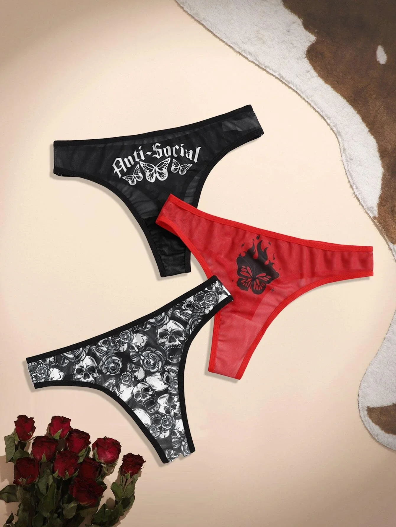

3pack Butterfly & Skull Graphic Mesh Panty Set