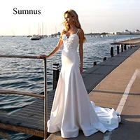 sumnus beach mermaid wedding dress spaghetti straps v neck bride dresses flower appliques wedding gown white satin bridal gowns